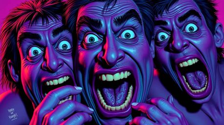 Experience a hilariously over-the-top gross-out comedy moment brought to life with exaggerated expressions and a stunning vis