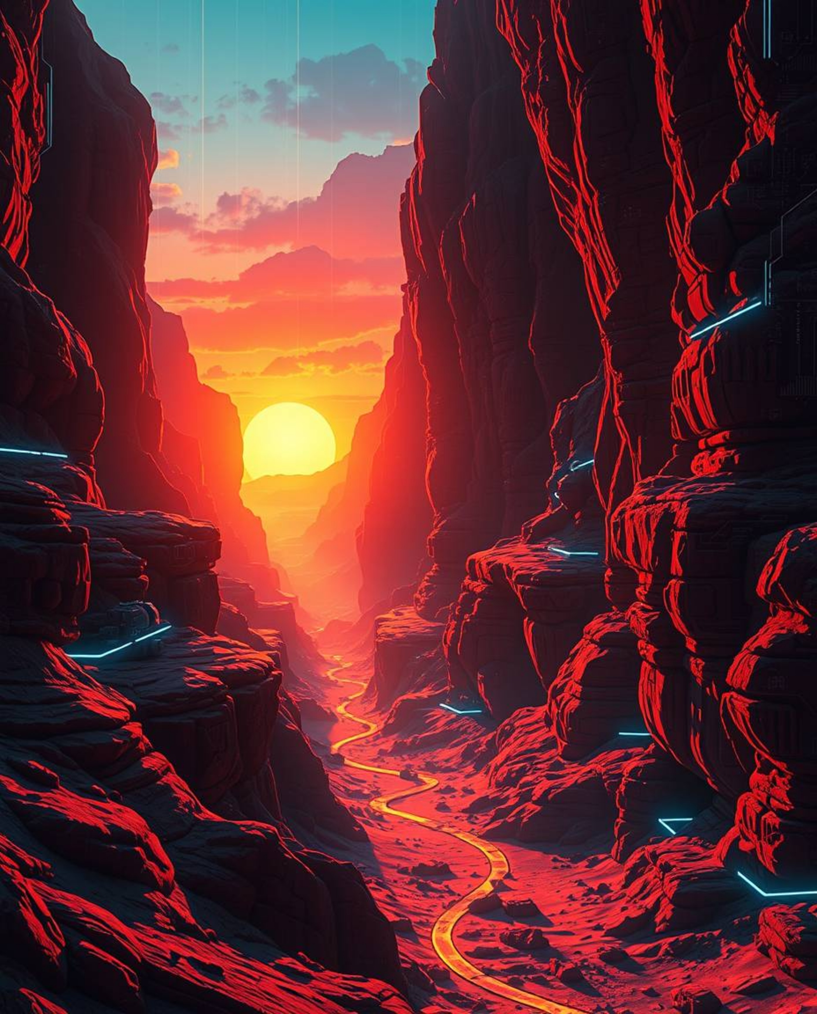 This futuristic sci-fi style creative light art depicts a sunset illuminating sandstone cliffs in a canyon. The artwork integ