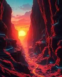 This futuristic sci-fi style creative light art depicts a sunset illuminating sandstone cliffs in a canyon. The artwork integ
