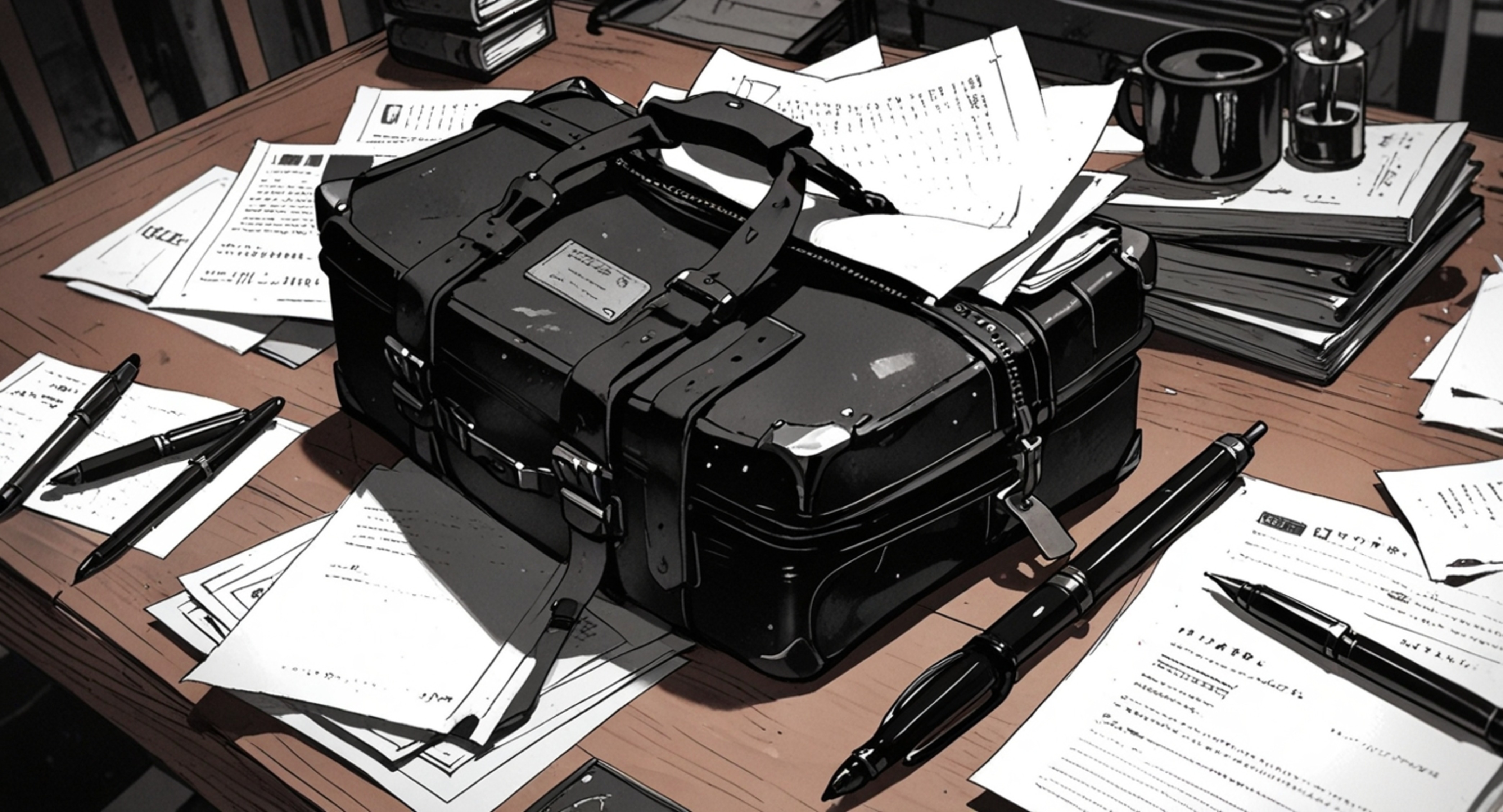 Capture the essence of timeless elegance with this image showcasing a vintage leather briefcase atop a rustic wooden desk. T