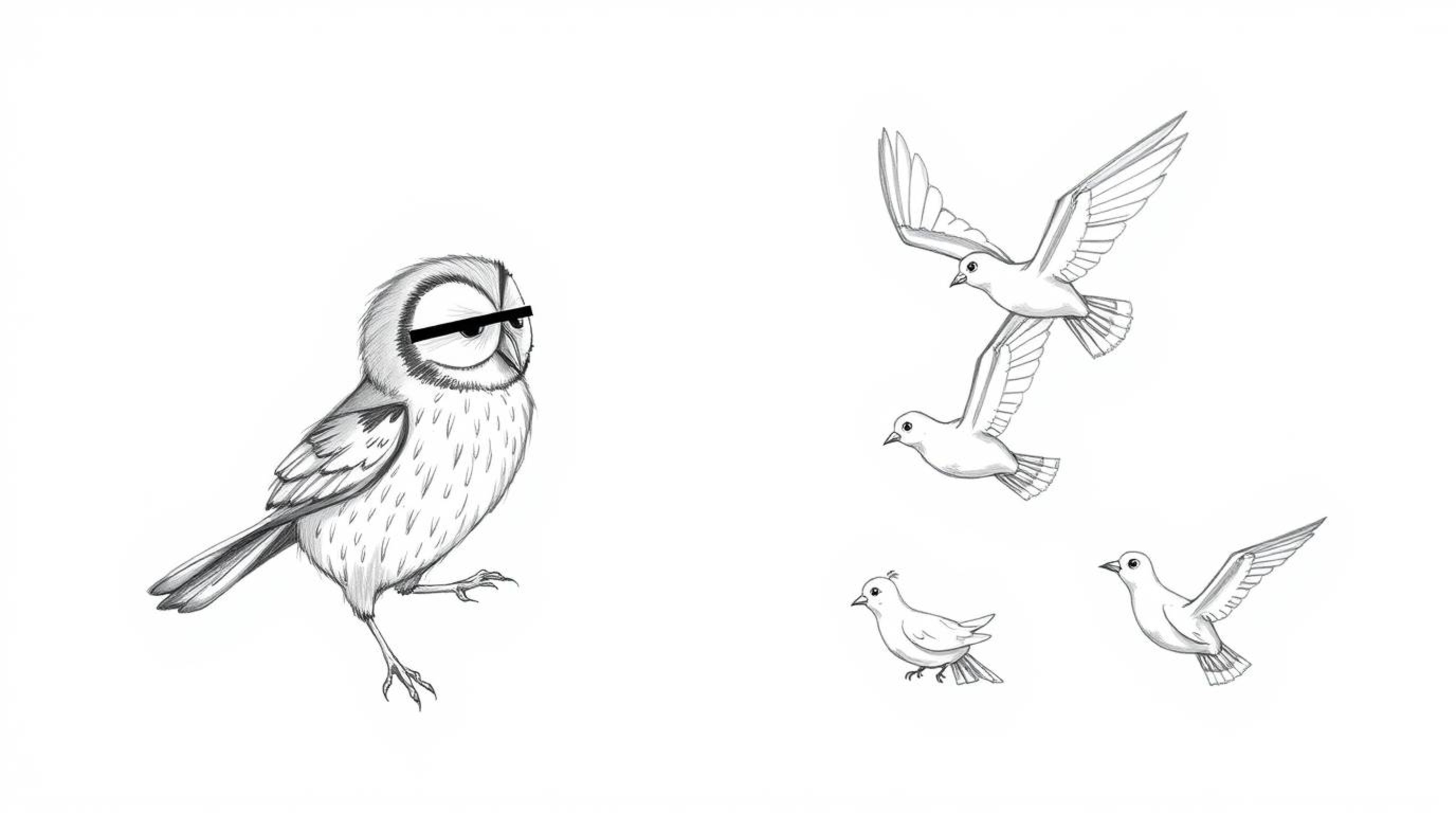 A heartwarming hand-drawn sketch in a Pixar style depicts a blind owl with soft, textured feathers lovingly teaching birds to