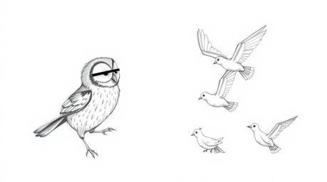A heartwarming hand-drawn sketch in a Pixar style depicts a blind owl with soft, textured feathers lovingly teaching birds to