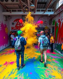 Capture candid street photography moments in a room exploding with paint, illuminated by vivid electric colors. This image em