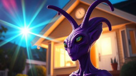A vibrant, isekai-style anime depicting an alien with purple skin and antennae residing in a brightly lit suburban house. The