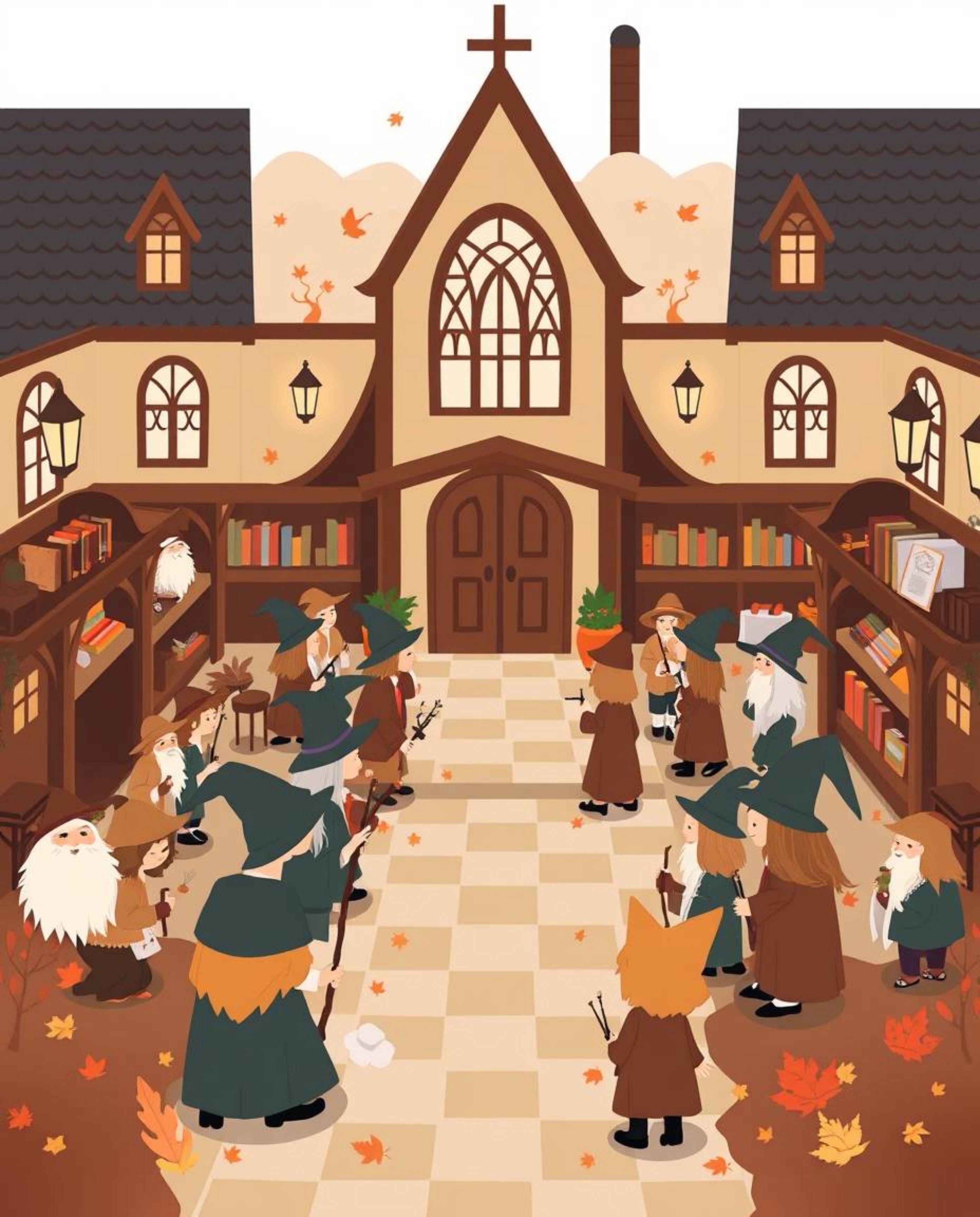 Explore a modern magical school filled with young wizards, depicted in a warm and inviting flat design. The aesthetic is eart