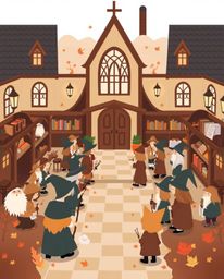 Explore a modern magical school filled with young wizards, depicted in a warm and inviting flat design. The aesthetic is eart
