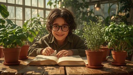 a cinematic, warm-toned photograph of a bright-eyed, bespectacled young genius, with curly brown hair and a gentle, encouragi