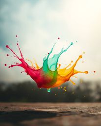 A captivating low-angle photograph capturing a vibrant paint splash suspended in mid-air, utilizing high-speed photography te