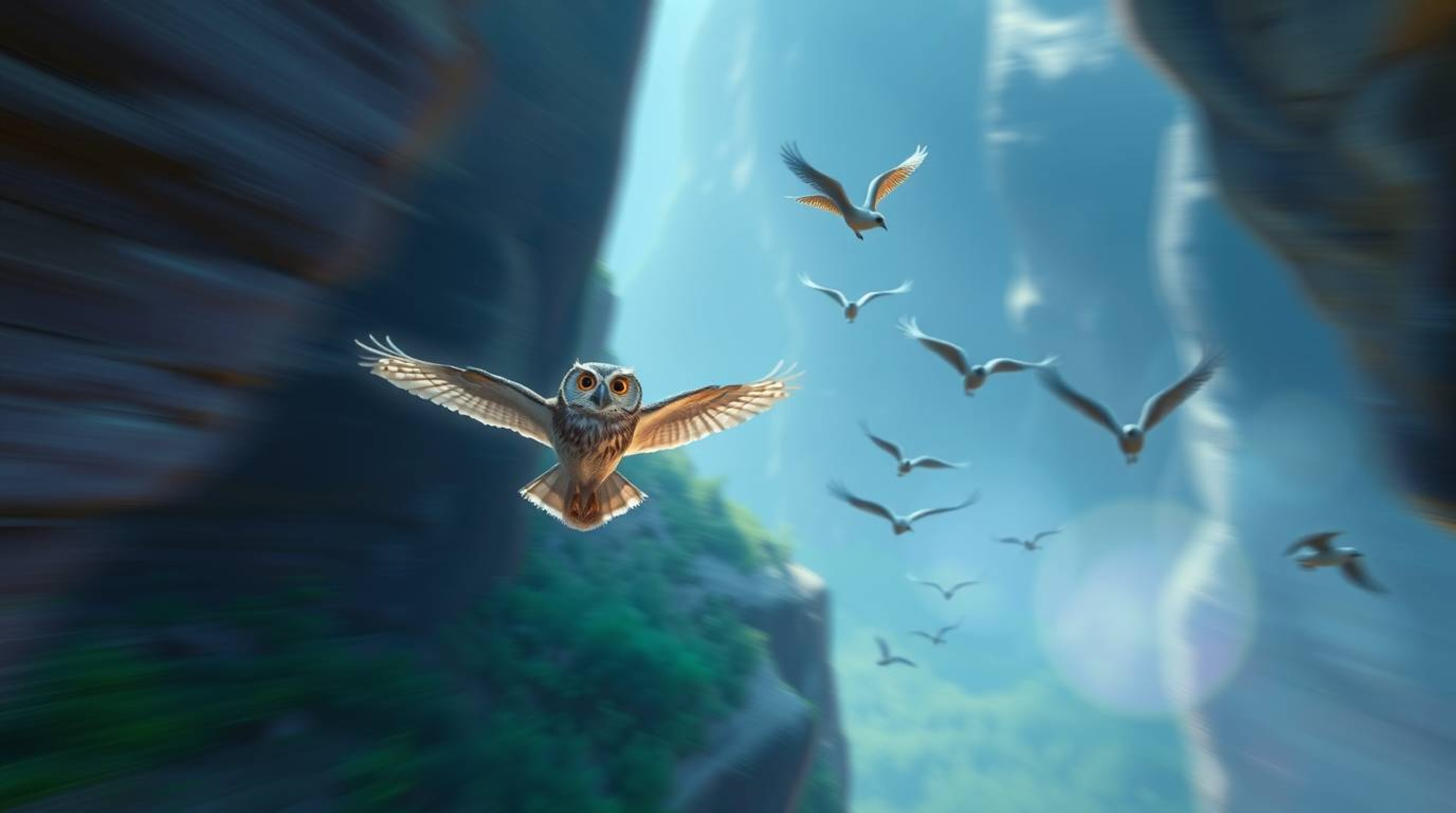 This captivating long-exposure photograph, rendered in a heartwarming Pixar style, shows a blind owl teaching birds to fly th
