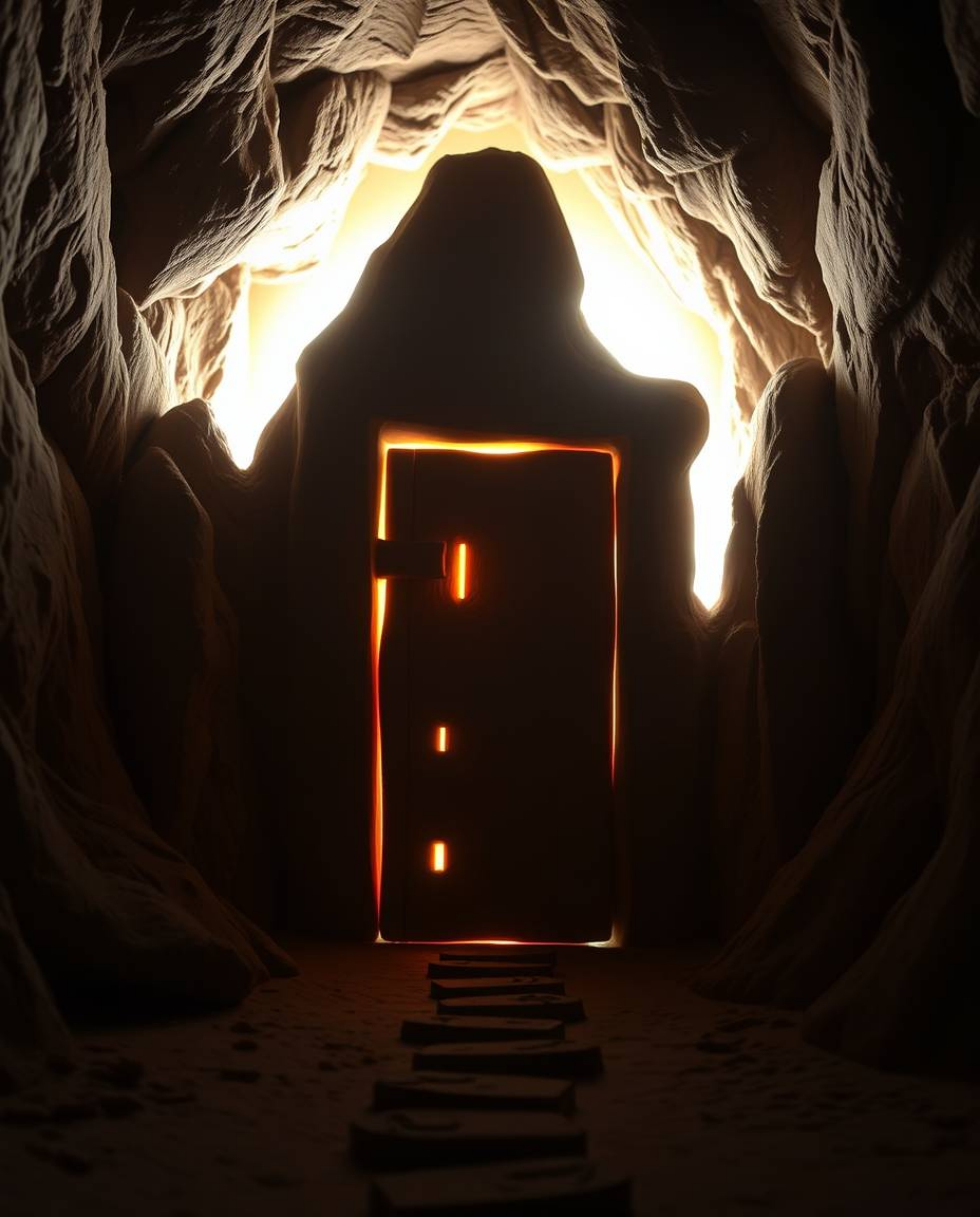 Explore an ancient doorway etched with glowing runes, nestled within a mountainside. This sculptural clay art piece features 