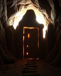 Explore an ancient doorway etched with glowing runes, nestled within a mountainside. This sculptural clay art piece features 