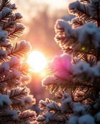 A gentle, soft light is cast in this tight close-up shot of sunset light sparkling on snowy pine trees. The image provides a 