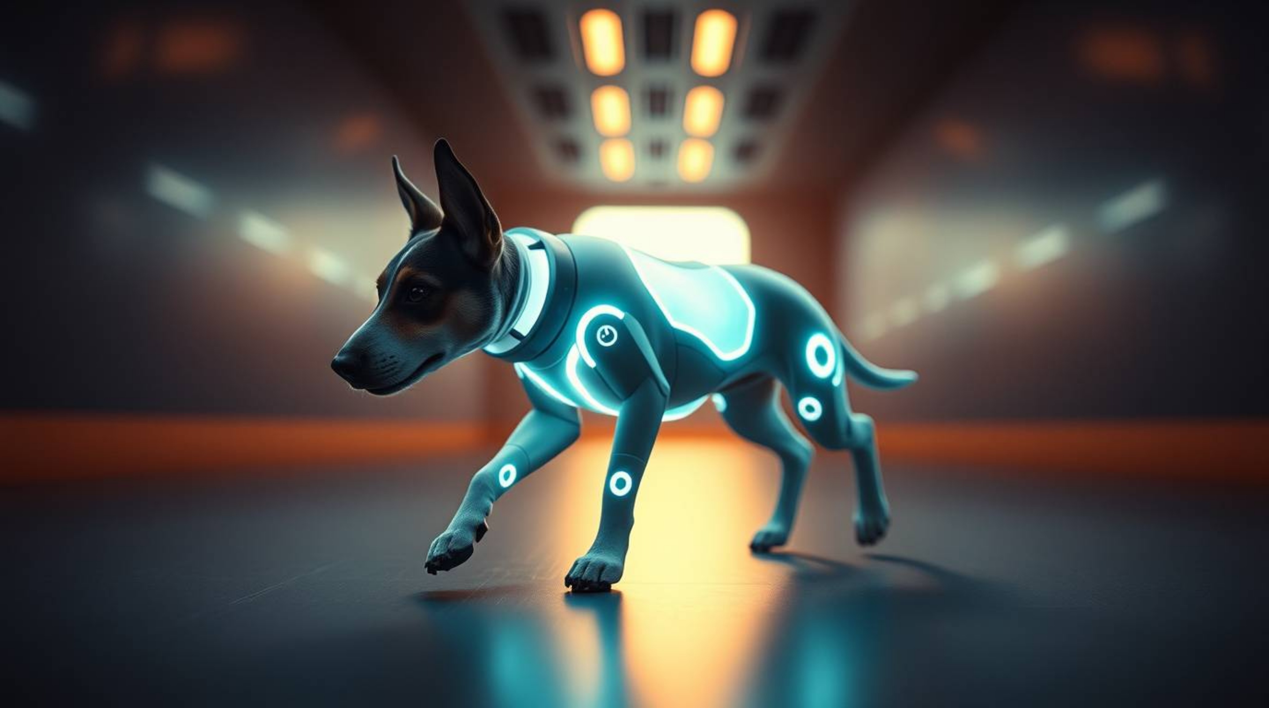 A stunning close-up fine art photograph depicts a futuristic dog autonomously walking in the vast expanse of space.  The imag