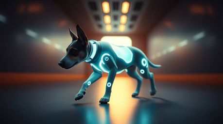 A stunning close-up fine art photograph depicts a futuristic dog autonomously walking in the vast expanse of space.  The imag