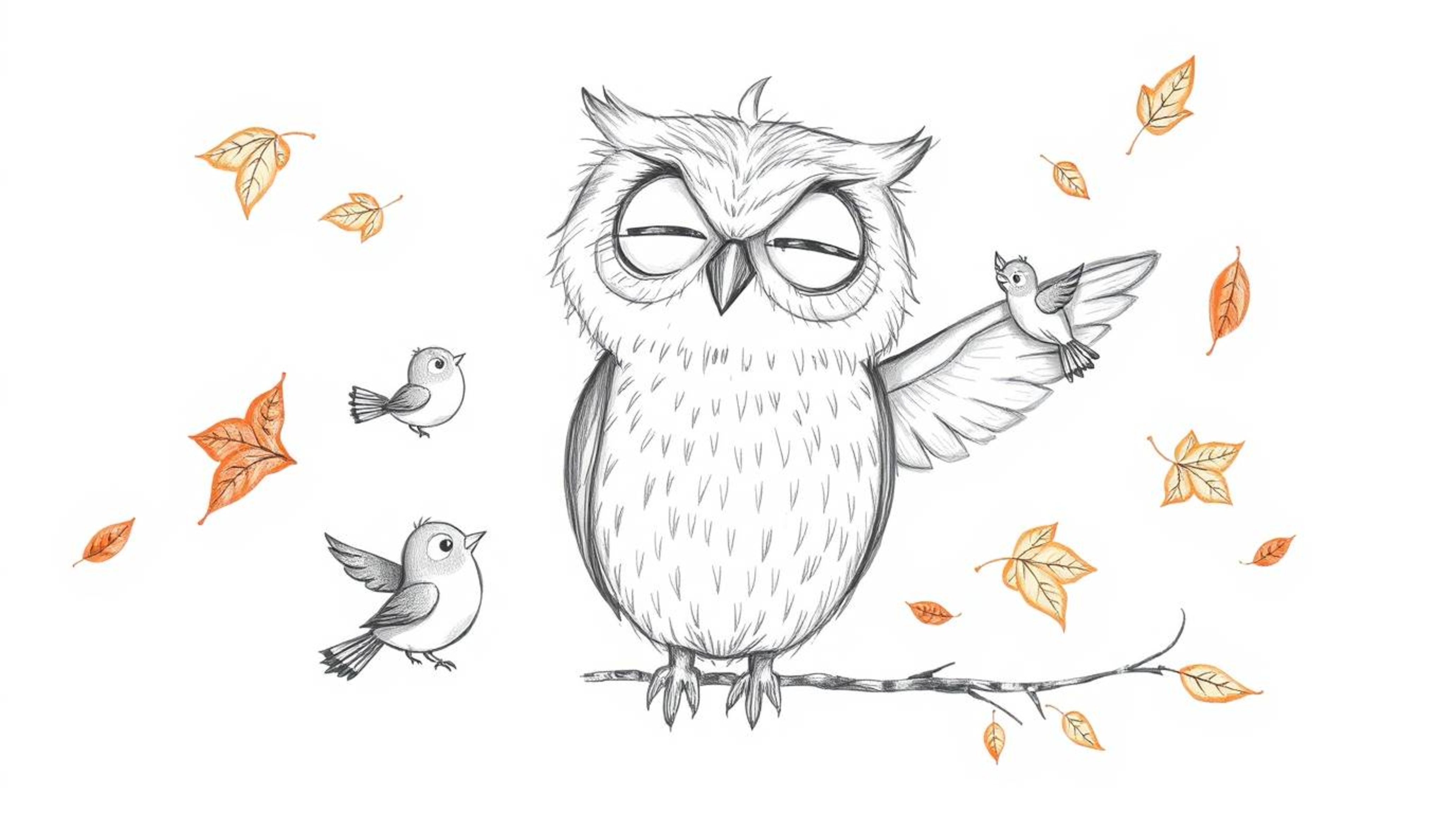 A heartwarming hand-drawn sketch in the style of Pixar depicts a blind owl with soft, expressive features guiding small birds