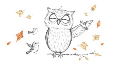 A heartwarming hand-drawn sketch in the style of Pixar depicts a blind owl with soft, expressive features guiding small birds