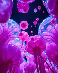 Immerse yourself in a dreamlike, surreal world with this low-angle perspective featuring floating 3D blobs of vibrant, colorf