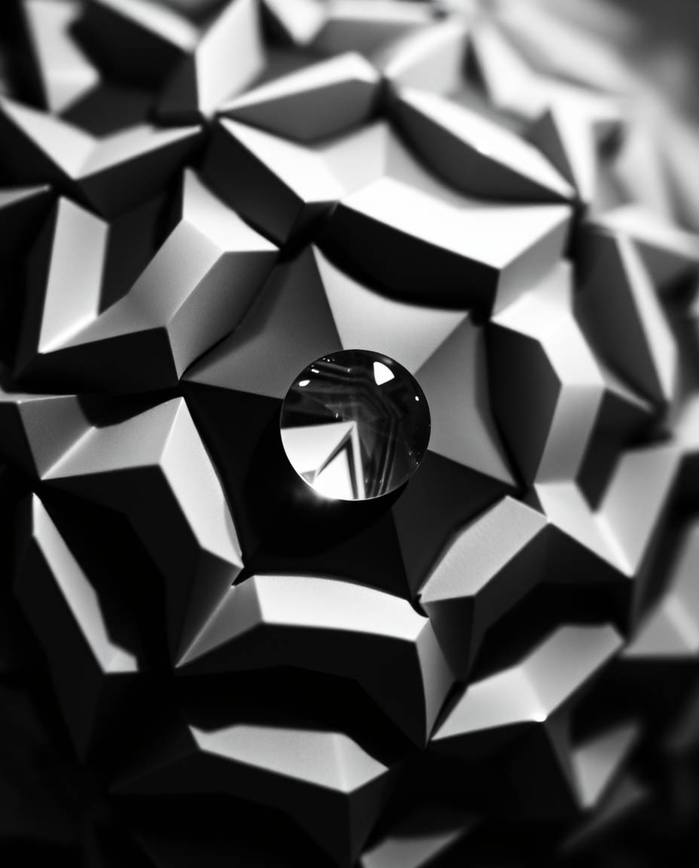 This black and white image showcases a mesmerizing geometric pattern in an optical illusion style, evoking a strong sense of 