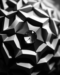 This black and white image showcases a mesmerizing geometric pattern in an optical illusion style, evoking a strong sense of 