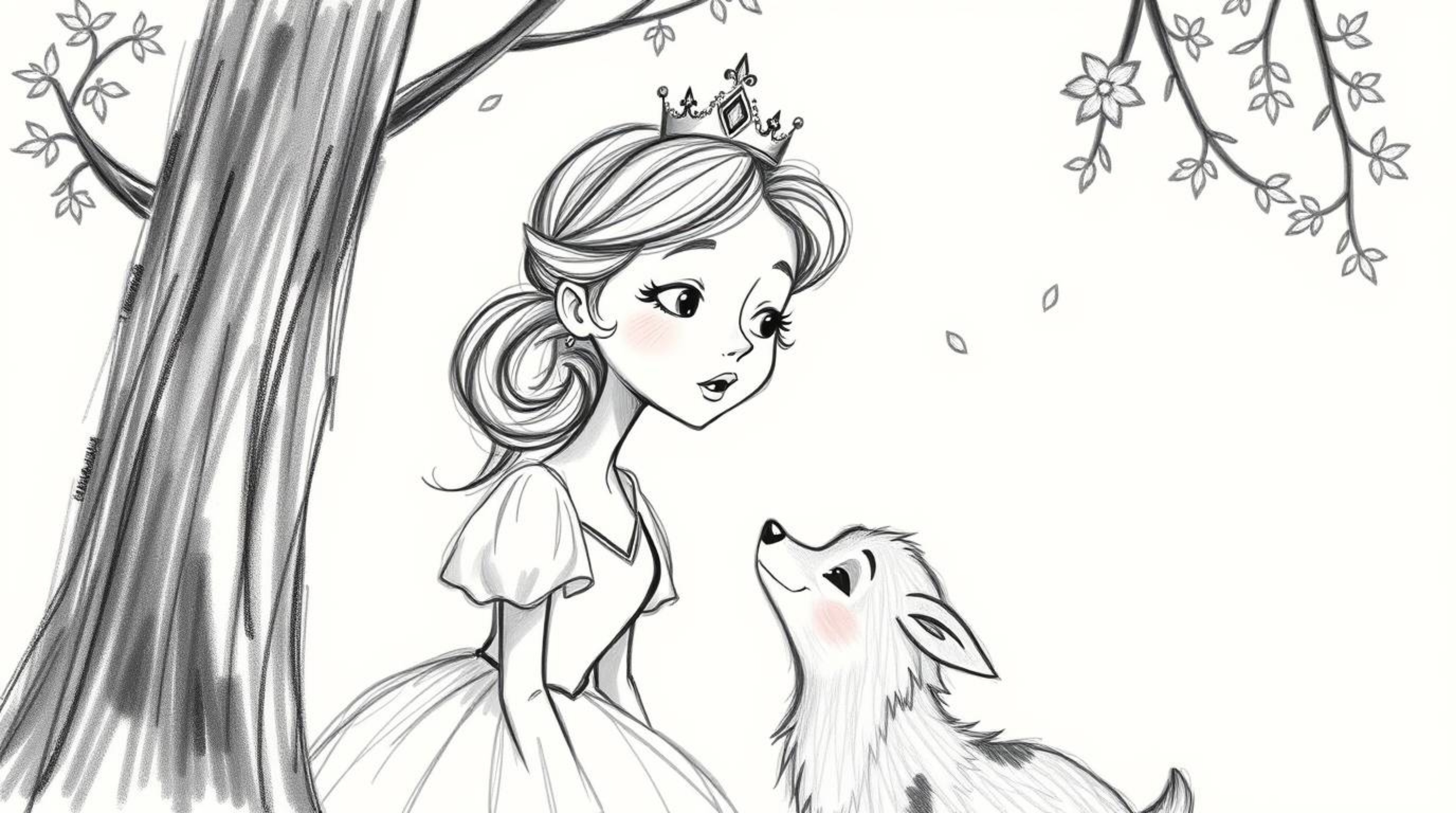 This artwork captures a charming scene of a soft-featured princess singing to forest animals in a vintage 2D animation style.