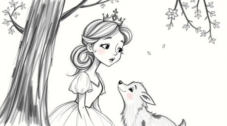 This artwork captures a charming scene of a soft-featured princess singing to forest animals in a vintage 2D animation style.