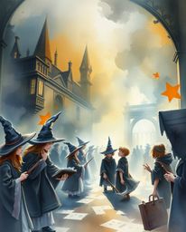 Explore a delicate watercolor painting depicting a magical school filled with young wizards, rendered in a moody style with i