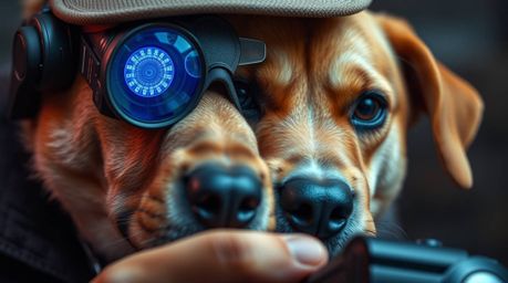 A captivating close-up showcases a determined dog detective utilizing cutting-edge high-tech gadgets in his investigation. Th