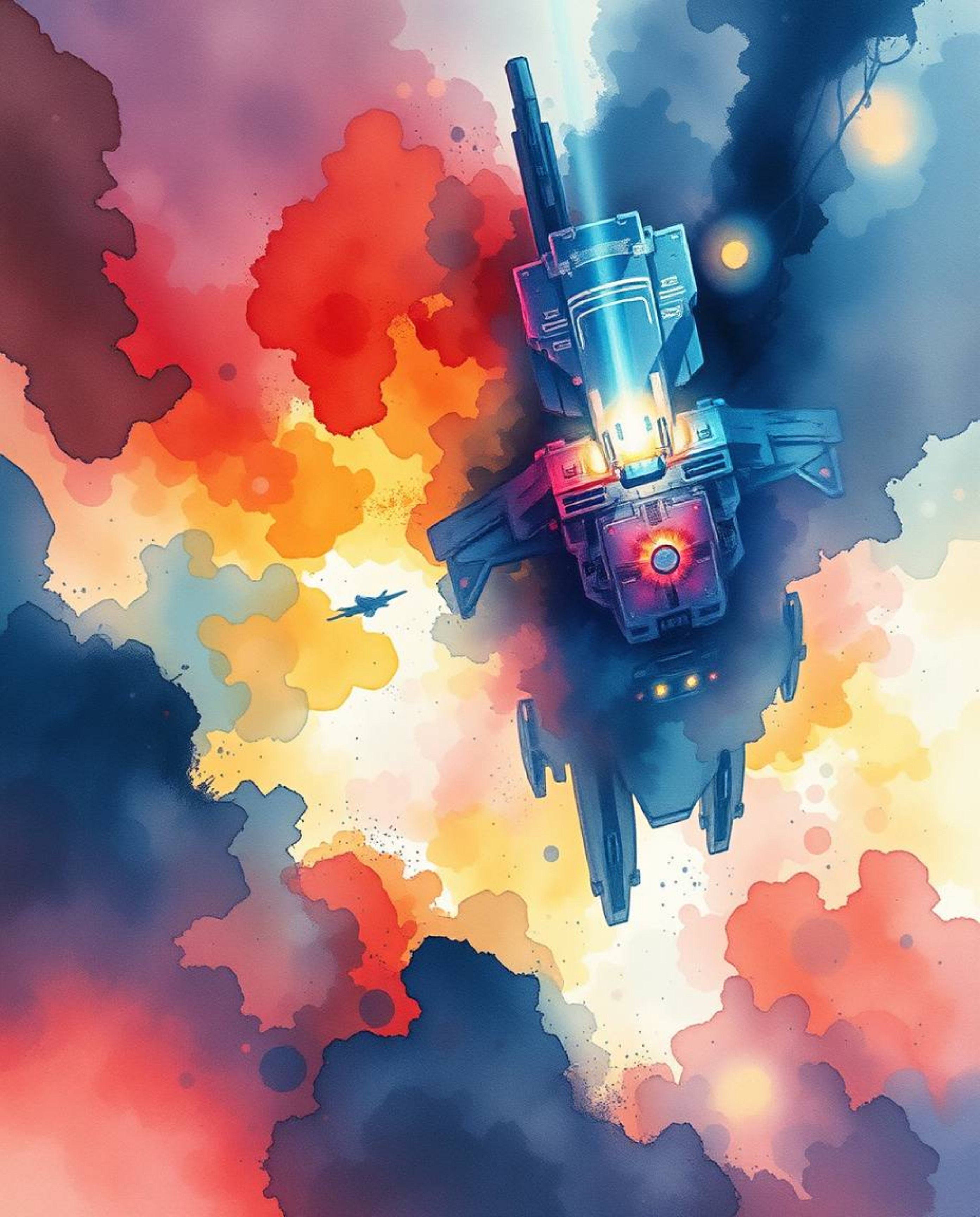Experience the dramatic beauty of a cinematic watercolor painting blending futuristic sci-fi elements with vibrant tones and 