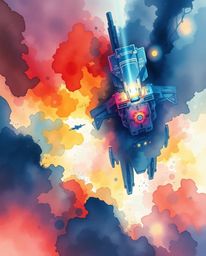 Experience the dramatic beauty of a cinematic watercolor painting blending futuristic sci-fi elements with vibrant tones and 