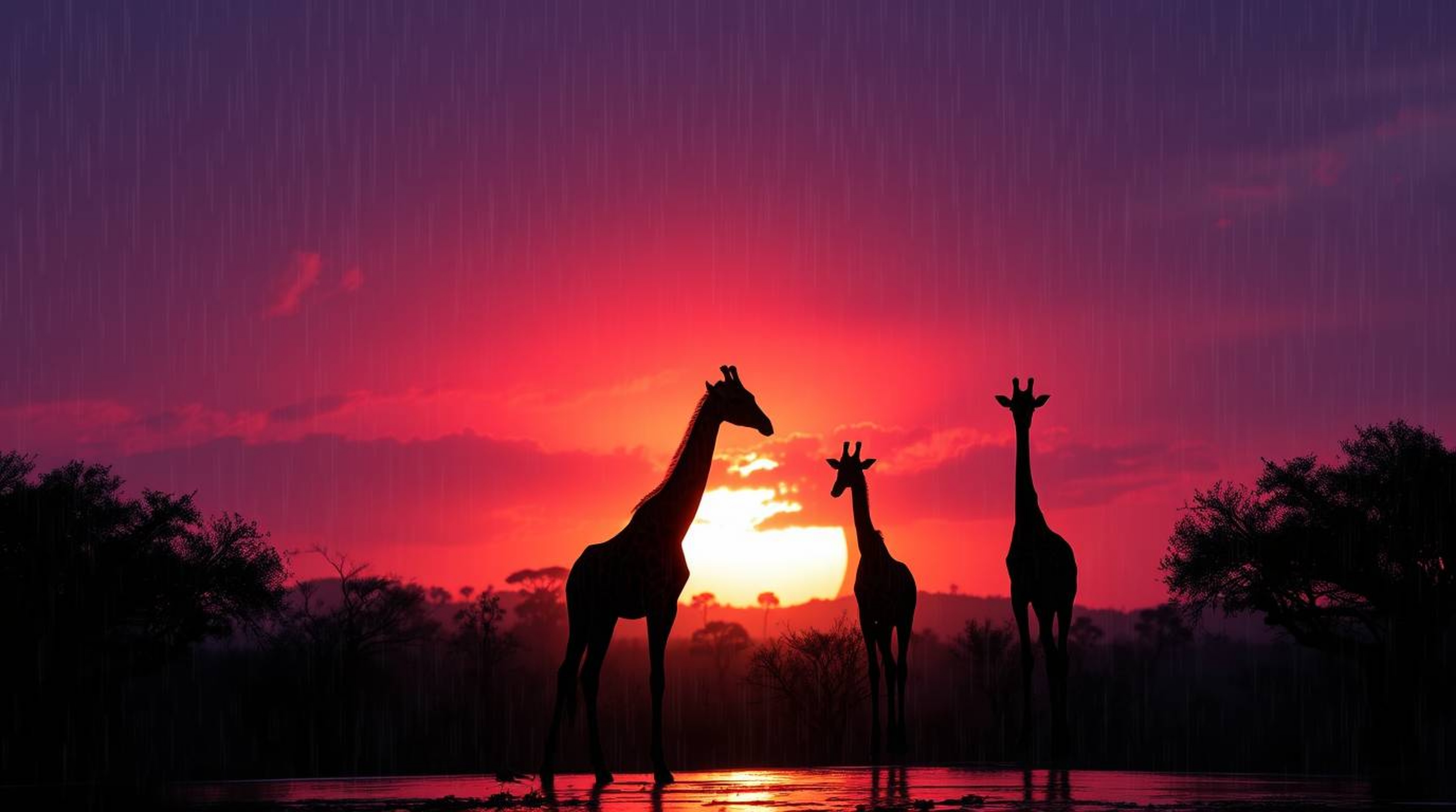 Experience the serene beauty of a wet savanna sunset.  Silhouetted giraffes stand majestically against a vibrant sky, showcas