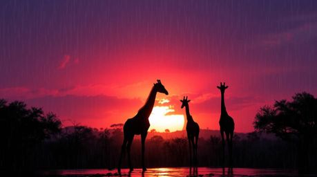 Experience the serene beauty of a wet savanna sunset.  Silhouetted giraffes stand majestically against a vibrant sky, showcas