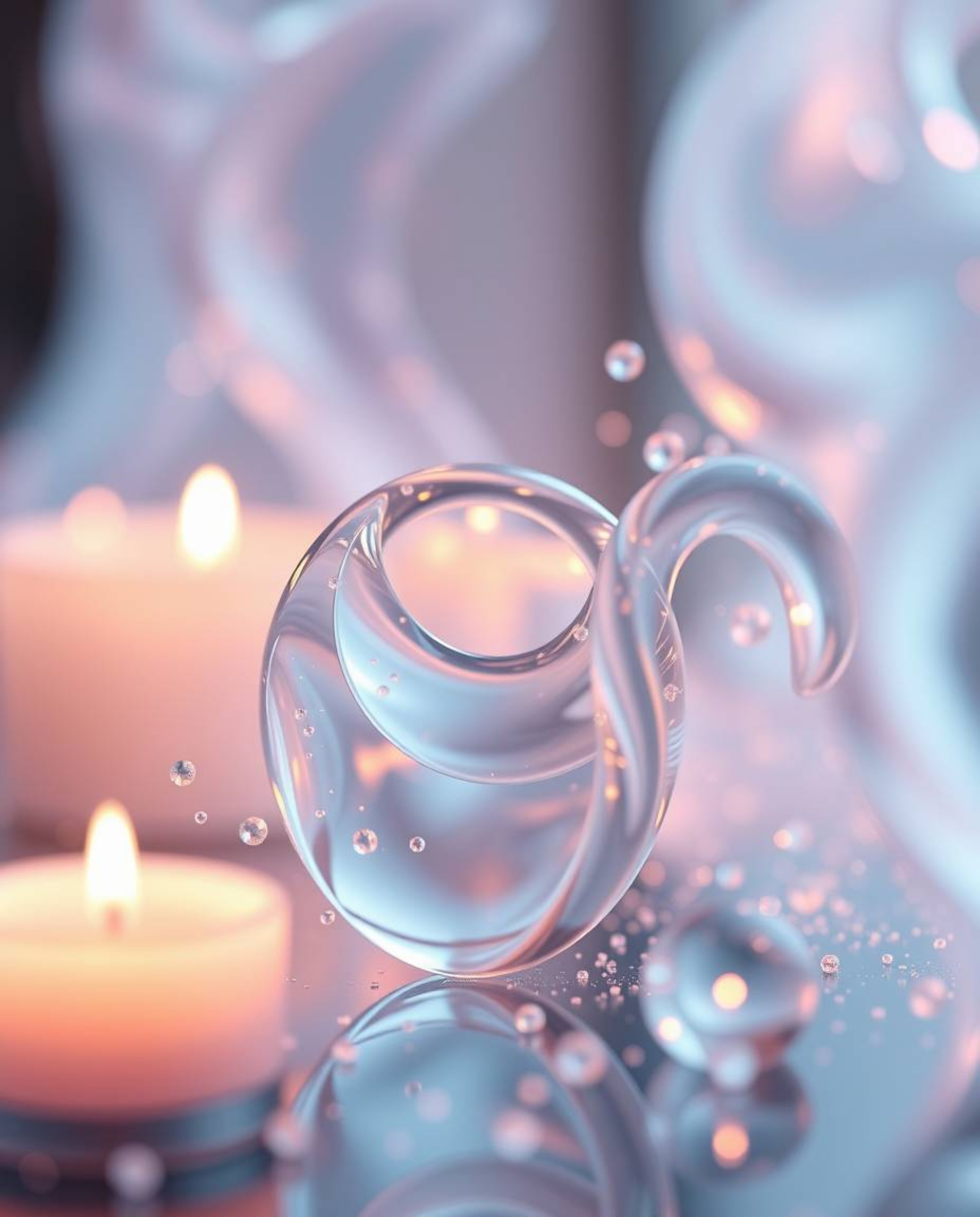 Experience the mesmerizing allure of glassy fluid 3D shapes gracefully in motion, surrounded by an ethereal dance of glowing 