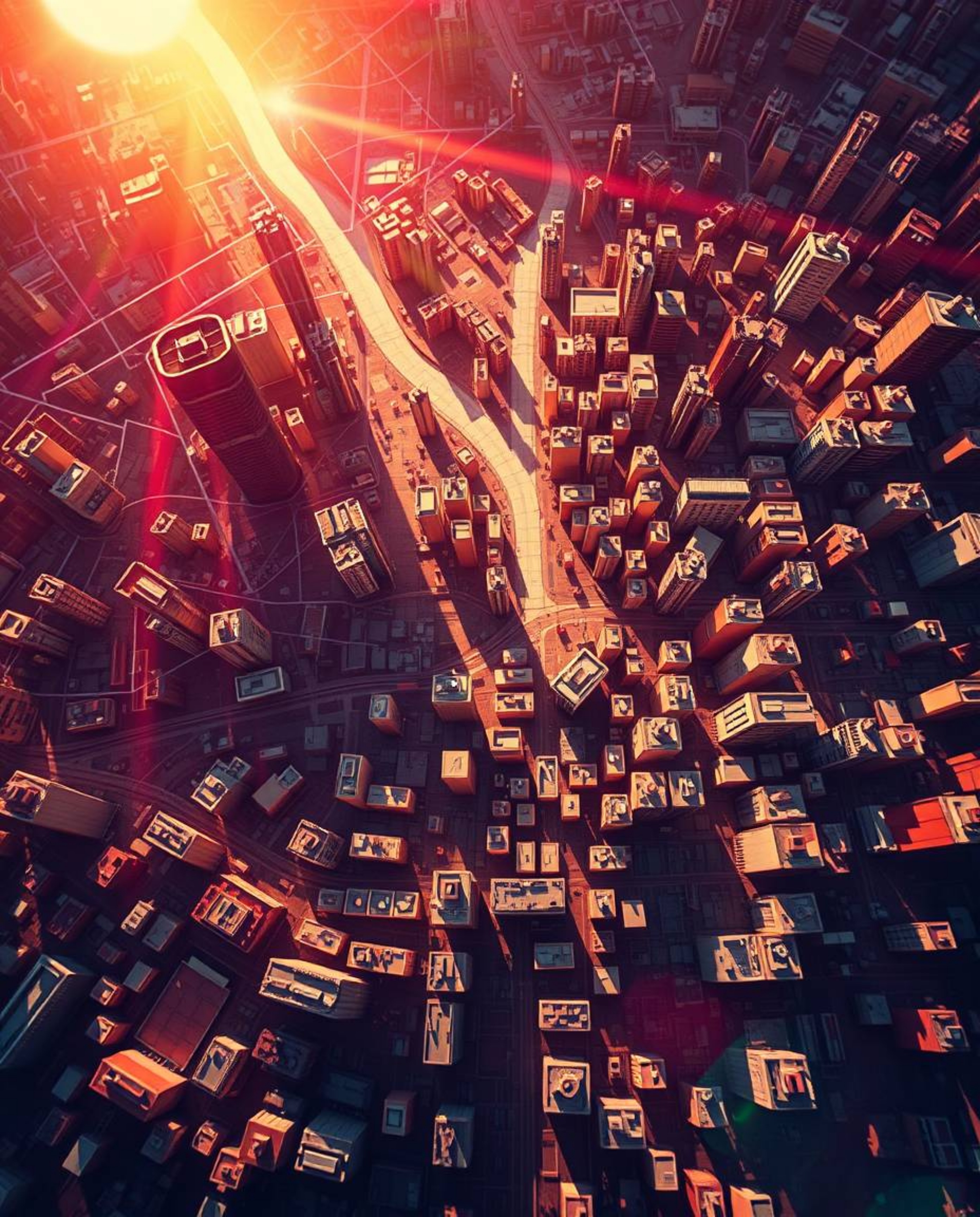 A captivating abstract city map showcases a top-down perspective of geometric shapes, rendered in a dramatic cinematic style.