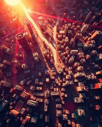 A captivating abstract city map showcases a top-down perspective of geometric shapes, rendered in a dramatic cinematic style.