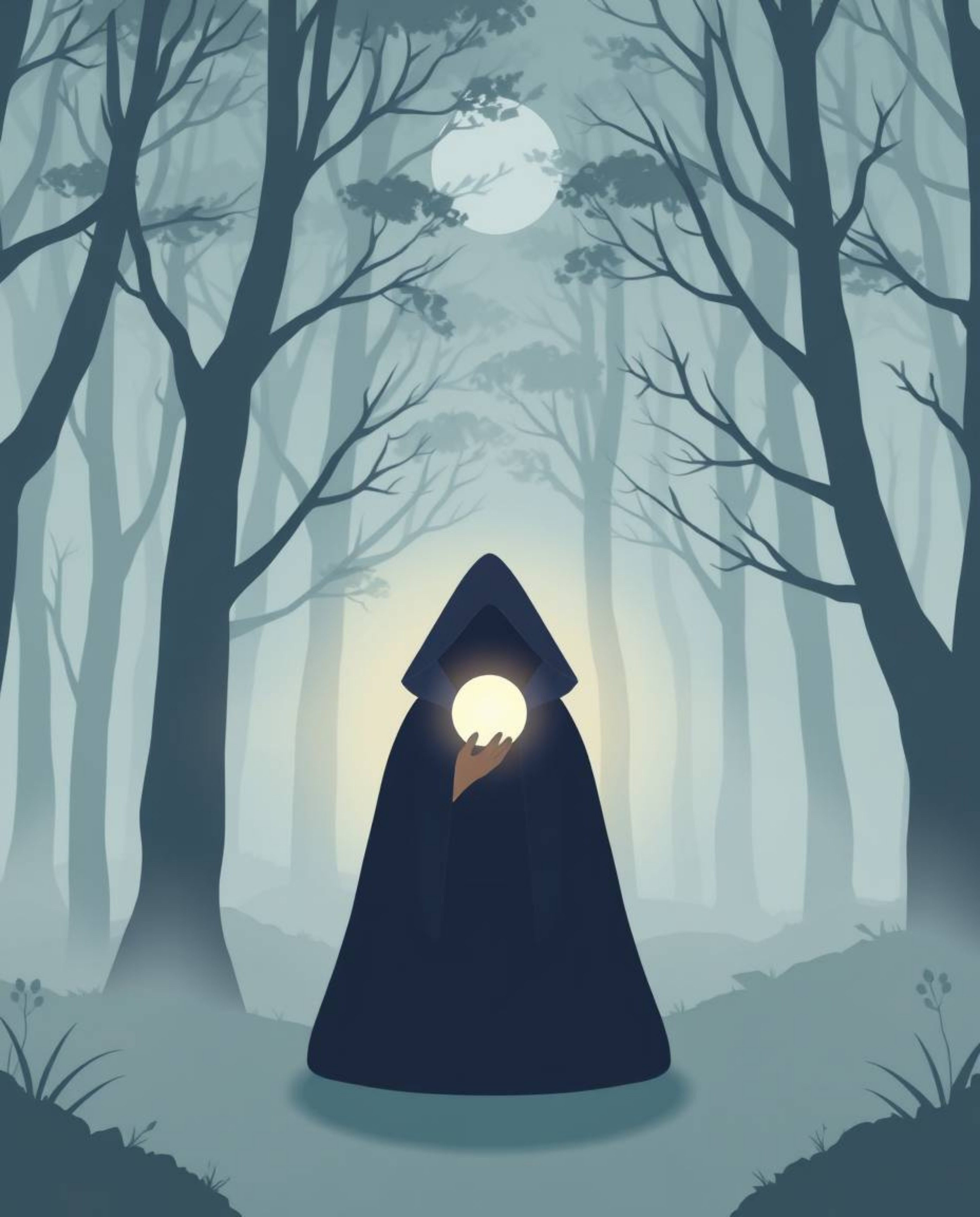 Immerse yourself in a modern flat design artwork depicting a cloaked figure standing in a misty forest. The scene is bathed i