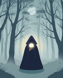 Immerse yourself in a modern flat design artwork depicting a cloaked figure standing in a misty forest. The scene is bathed i