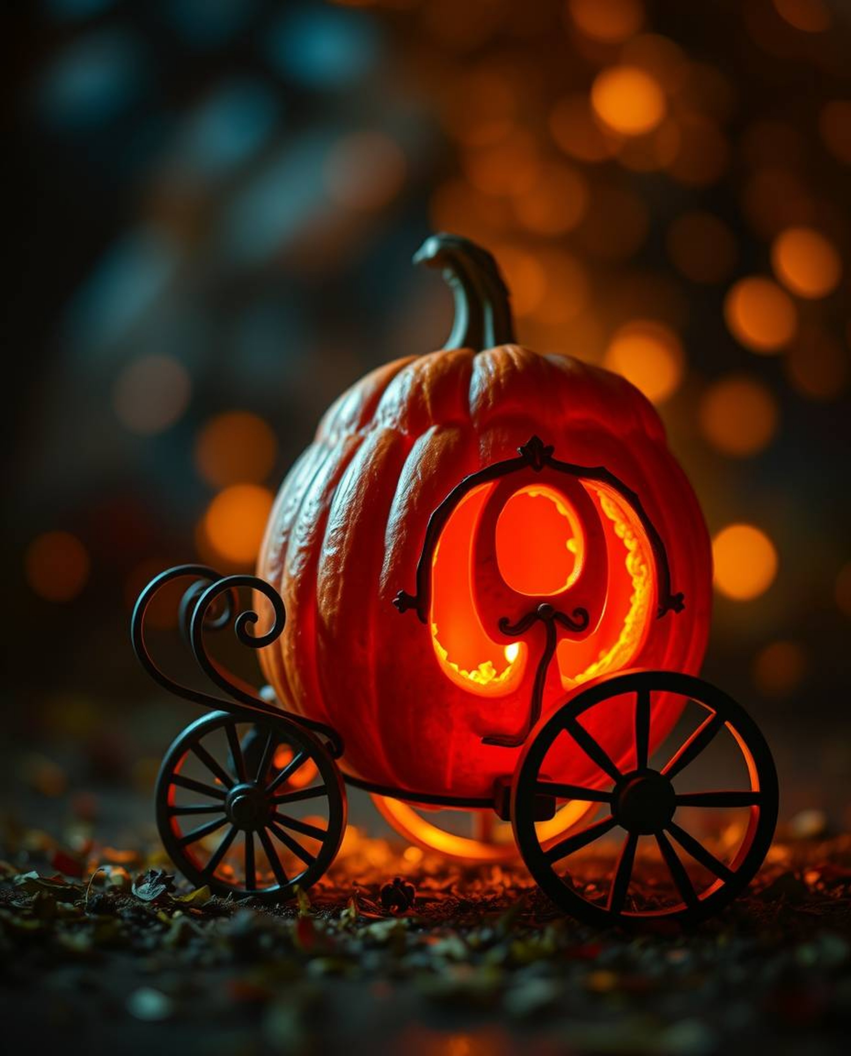 Experience the enchantment of a magical pumpkin transforming into a carriage, rendered in a vibrant palette of warm reds, ora
