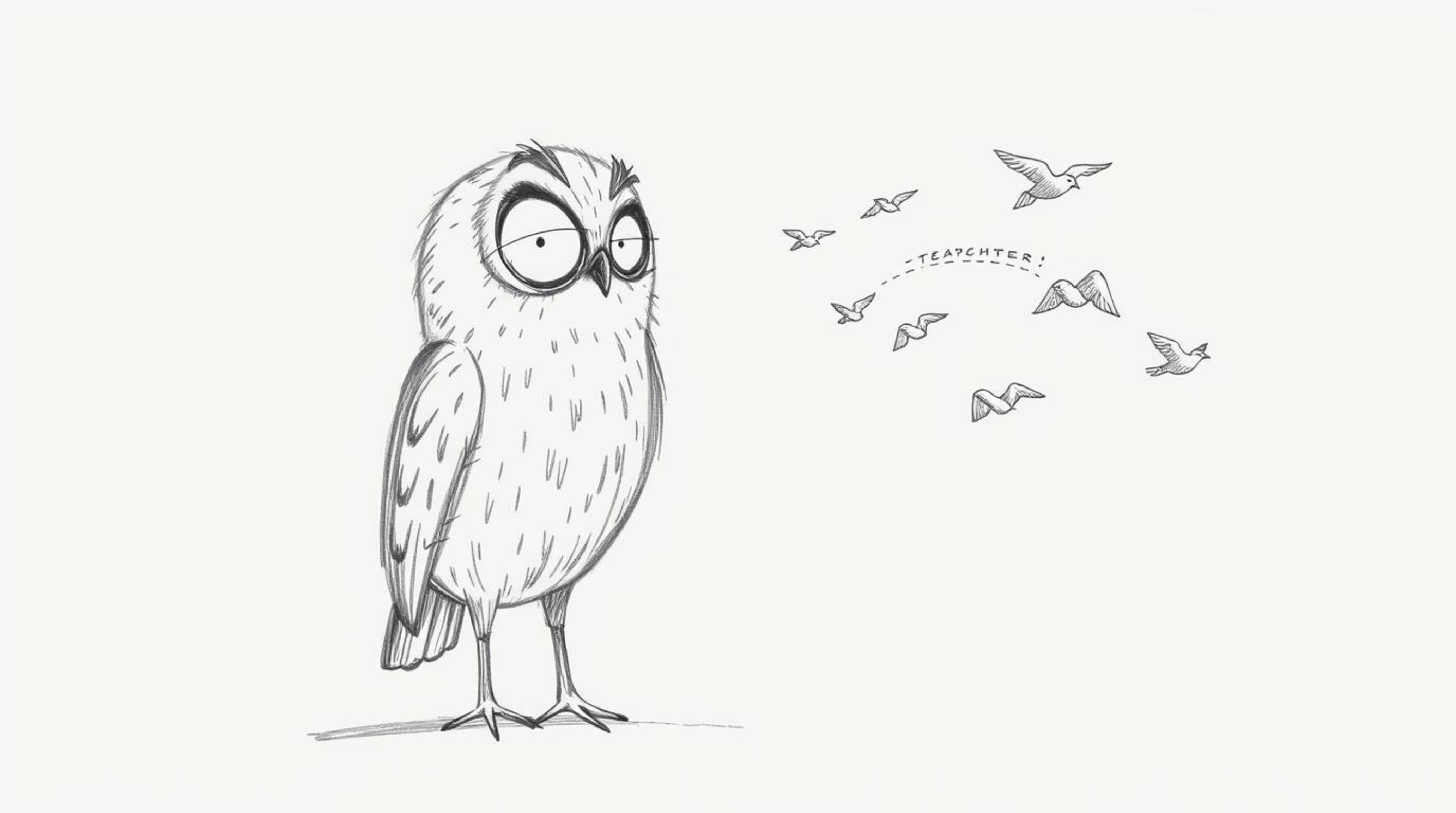 A charming hand-drawn sketch in the style of Pixar depicts a blind owl patiently teaching a flock of small birds to fly.  The