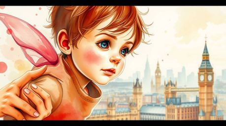 A vibrant watercolor painting depicts a young boy with fair skin and brown hair soaring above London, propelled by shimmering