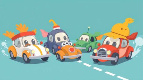 Experience an adorable and charming wacky racing scene brought to life with outlandish cars in a modern flat design. Simple, 