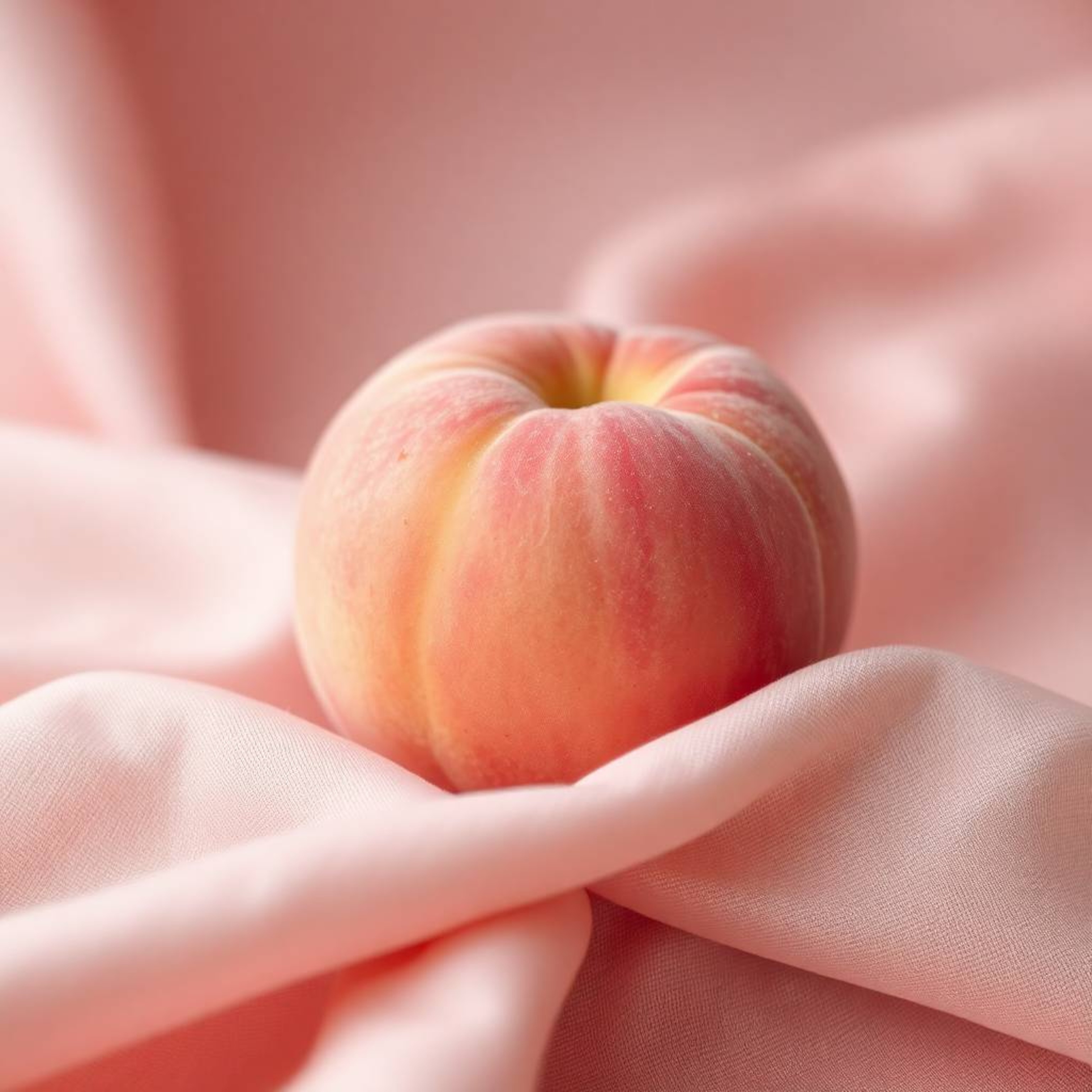 A close-up capturing the ASMR aesthetic of a soft, blushing pink peach resting on silky pastel pink fabric, rendered in natur