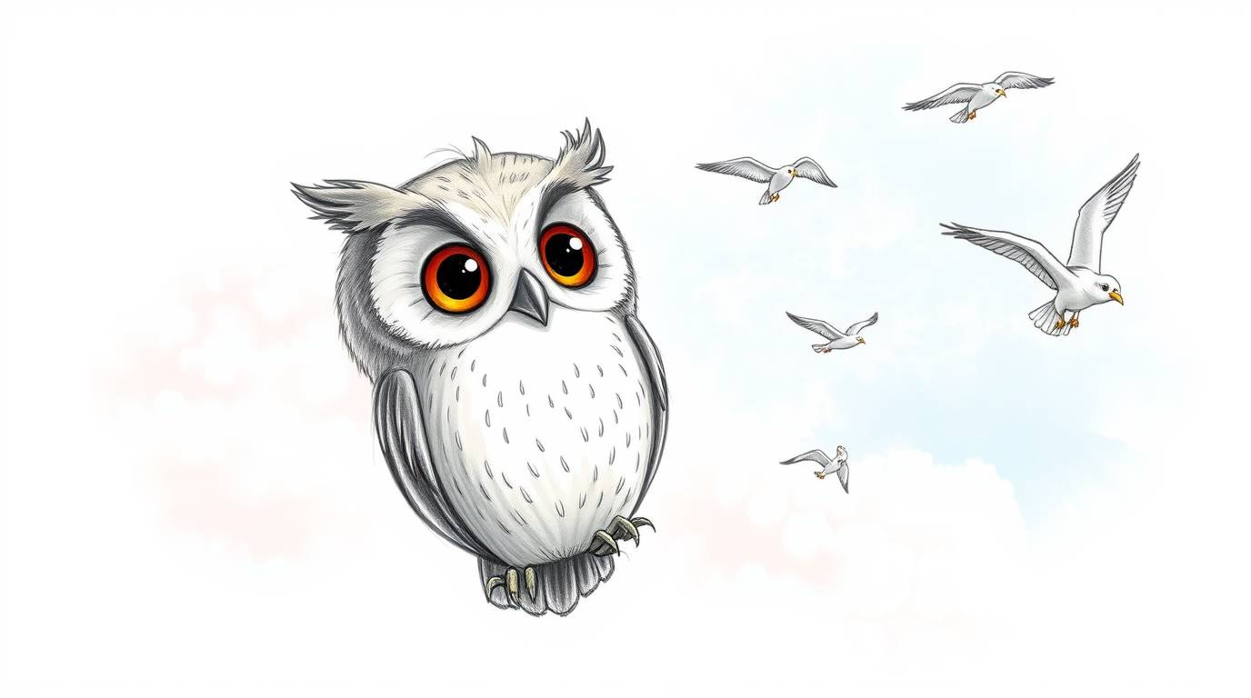 A heartwarming scene depicted in a Pixar-esque, hand-drawn style, showcases a blind owl with kind features and large, express