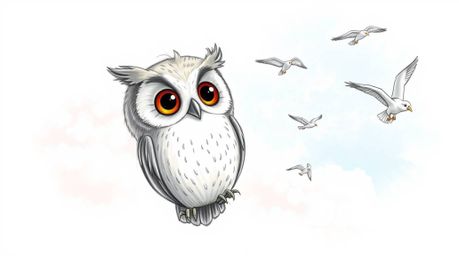 A heartwarming scene depicted in a Pixar-esque, hand-drawn style, showcases a blind owl with kind features and large, express
