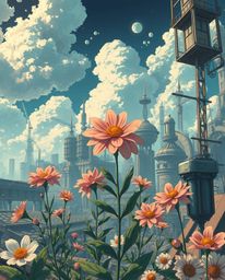 Vibrant isekai-inspired anime flowers bloom amidst the ruins of a post-apocalyptic city.  Expressive composition and randomiz