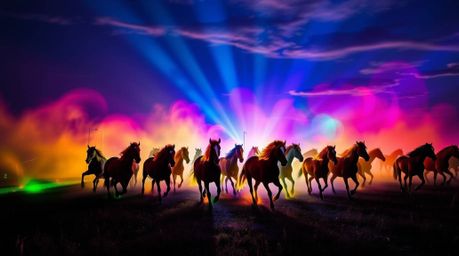 Experience breathtaking creative light art depicting a herd of wild horses galloping under a vibrant, glowing sky.  This abst
