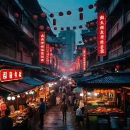 Experience the vibrant energy of a bustling Asian market street, alive with the glow of neon lights.  Discover a tantalizing 
