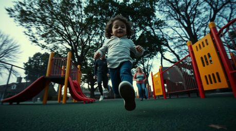 A captivating fine art photograph depicts a dramatic slow-motion run through a playground.  Shot from a low angle, the image 