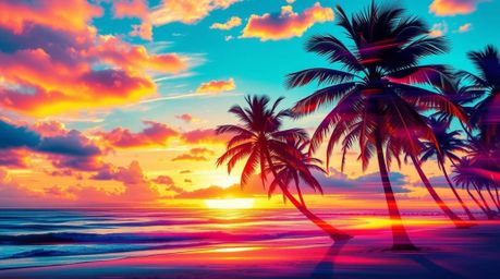 Experience a breathtaking tropical beach sunset scene, creatively rendered in light art.  This captivating image showcases co