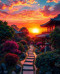 Experience a vibrant sunset over a serene Zen garden, rendered in a stunningly photorealistic style. This image is characteri