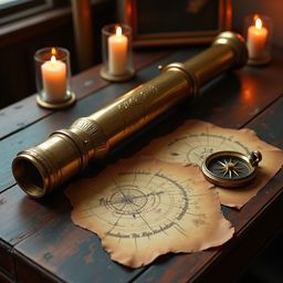 A captivating scene unfolds with a polished brass telescope and an antique compass resting on a worn wooden table alongside m